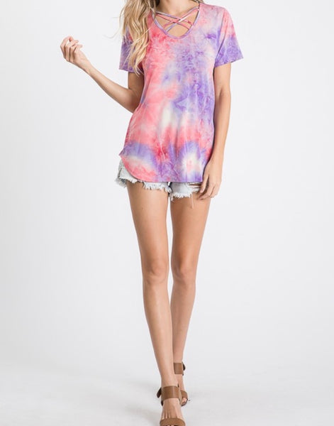 Crisscross neck tie dye top