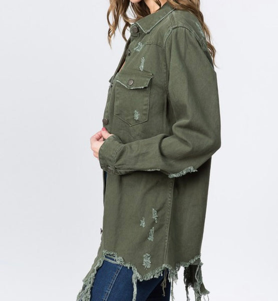 Distressed olive shirt jacket