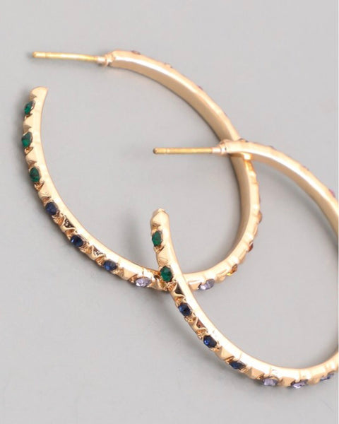 Earrings gold hoop with multi color crystals