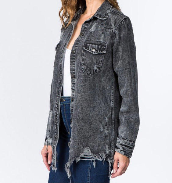 Distressed grey denim shirt jacket