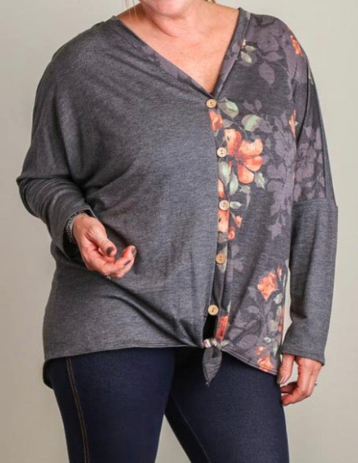 Plus charcoal & floral button down front tie top