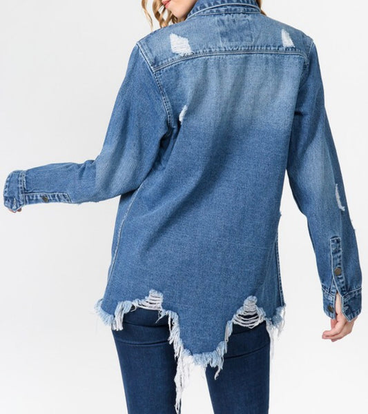 Distressed denim shirt jacket