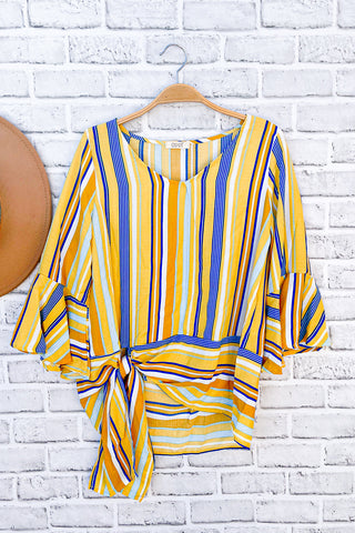 Mustard/blue striped tie hem top