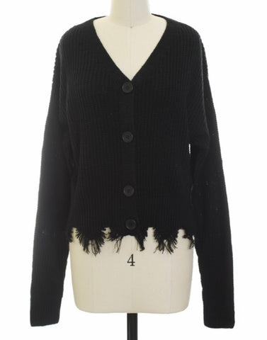 Black frayed hem button down sweater