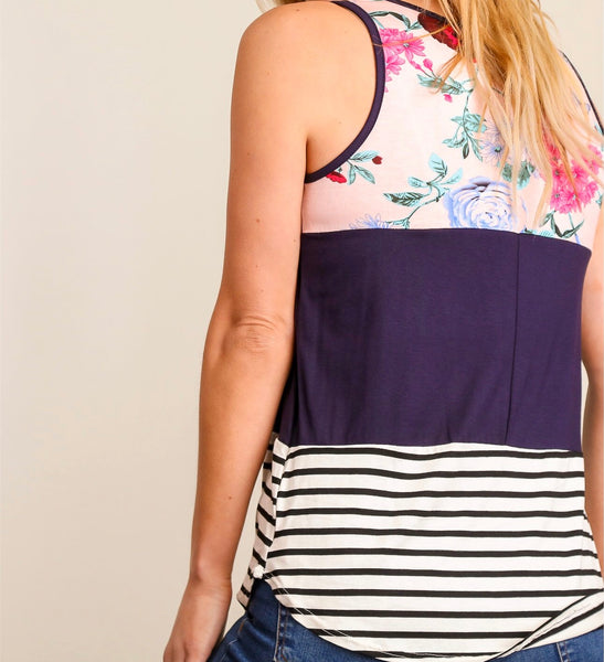 Navy blue and floral color block tank top