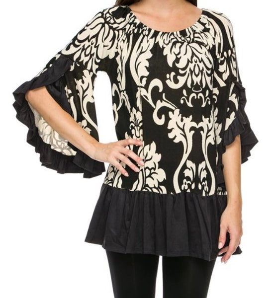 Black/off white paisley print tunic top