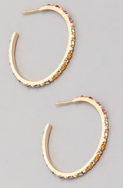 Earrings gold hoop with multi color crystals