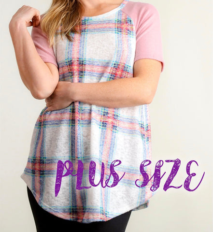 Plus pink & blue plaid short sleeve raglan top