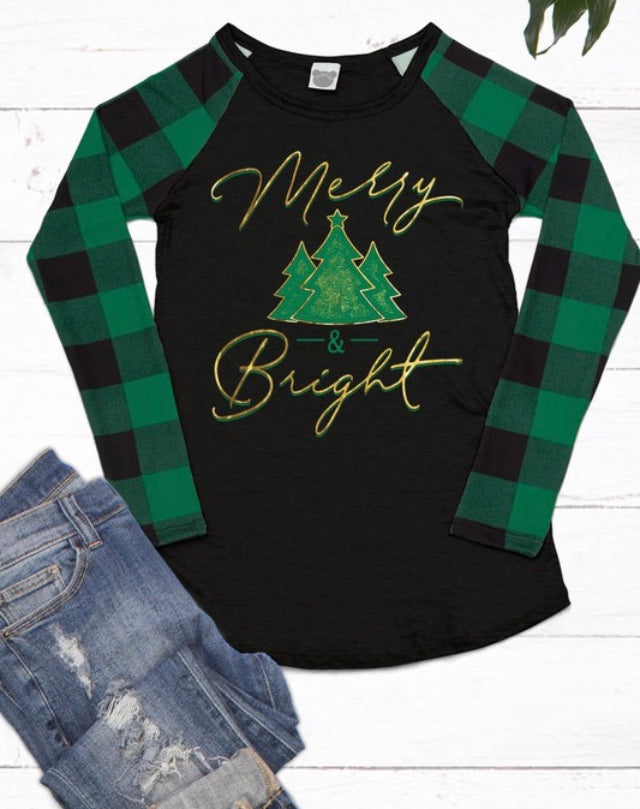 Plus green buffalo plaid merry & bright raglan top