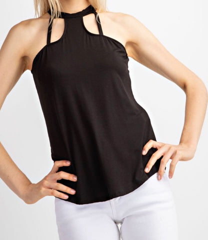 Black halter top cutout neck detail