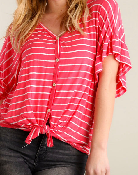 Coral and white striped button down tie hem top