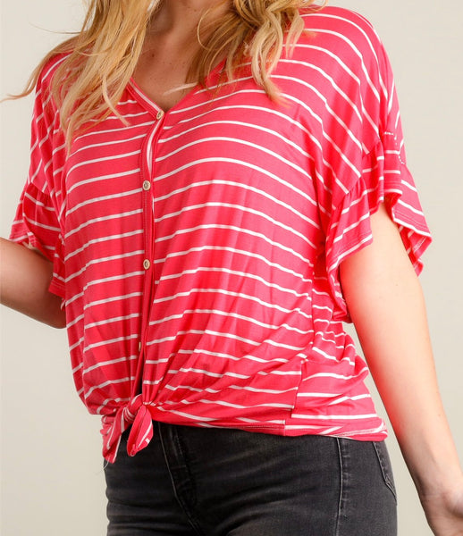 Coral and white striped button down tie hem top