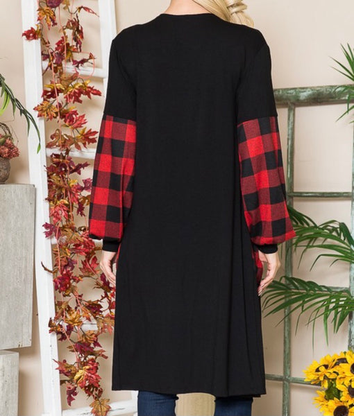 Black cardigan Buffalo plaid sleeves