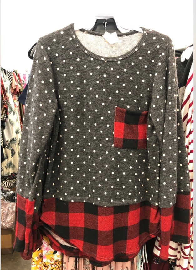 Charcoal polk-a-dot top with buffalo plaid pocket and hem