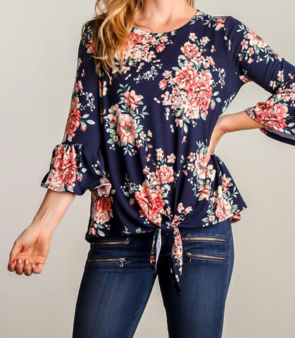 Navy floral bell sleeve front tie top