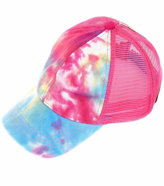 C.C. Tie dyed ponytail trucker hat