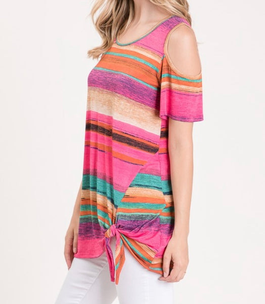 Cold shoulder multi stripe top