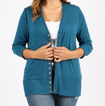 Plus sweater cardigan 3/4 sleeve teal