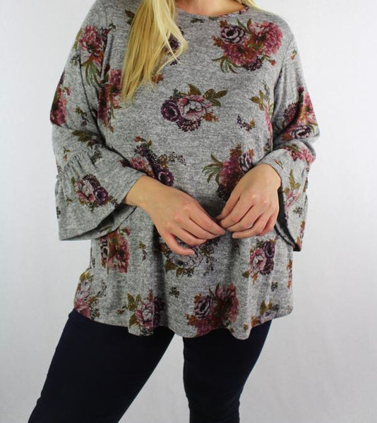 Plus gray floral bell sleeve top