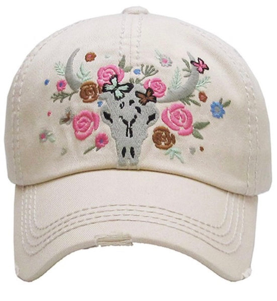 Floral cow skull hat