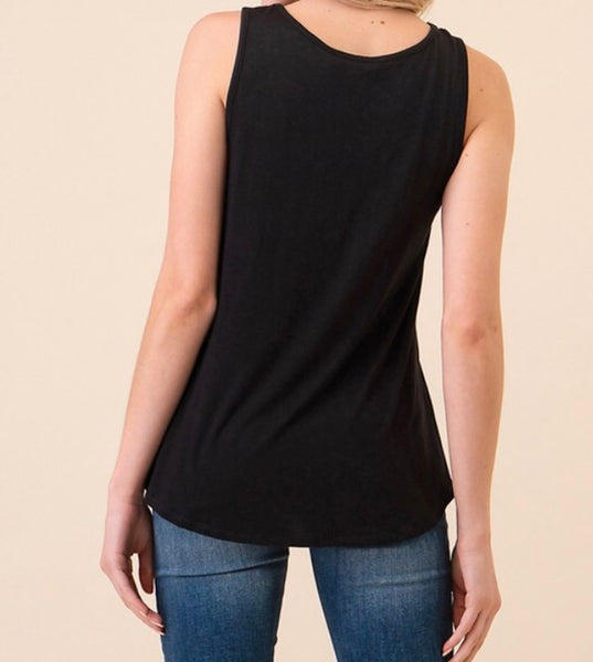 Black crisscross lace trim v-neck tank top