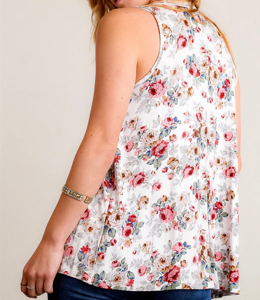 Ivory floral v-neck choker sleeveless top