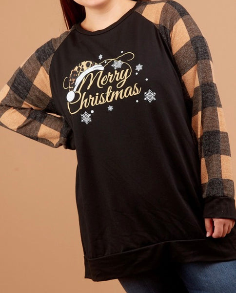 Plus holiday graphic print raglan with plaid sleeves