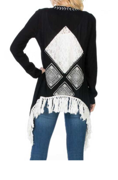 Cardigan black lace back with fringe