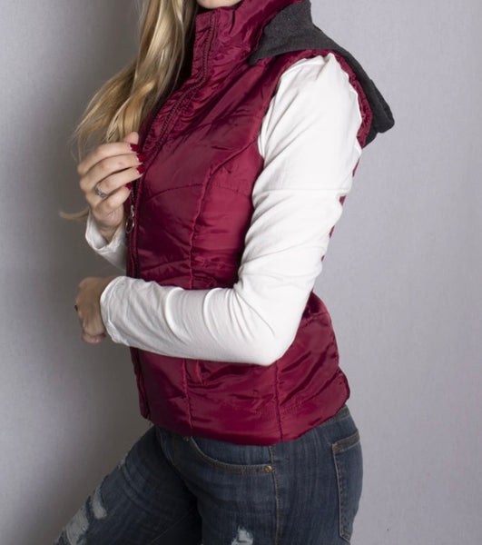 Burgundy hooded puffer vest