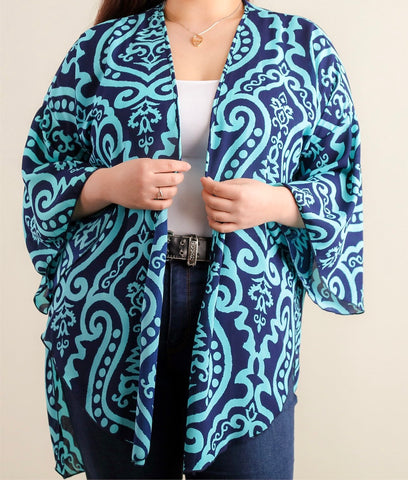 Plus dark blue and teal damask kimono