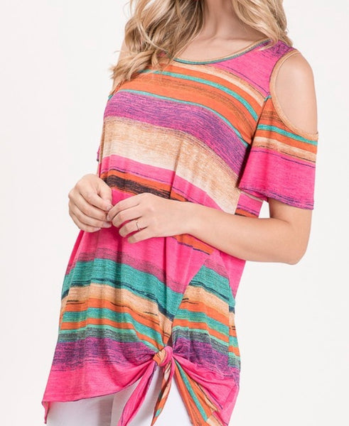 Plus cold shoulder, multi striped top