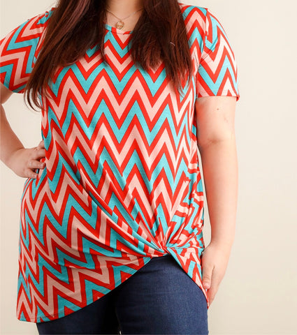 Plus teal and coral chevron print, tie hem top