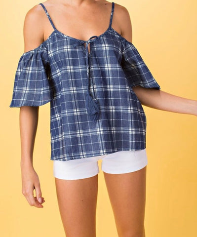 Denim plaid open shoulder top