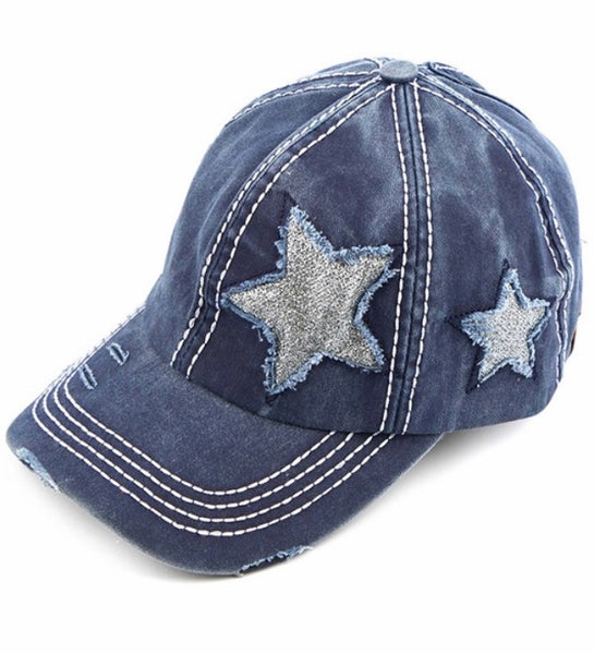 C.C. Navy distressed ponytail hat with glitter stars