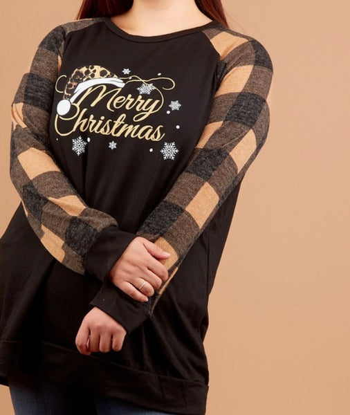 Plus holiday graphic print raglan with plaid sleeves