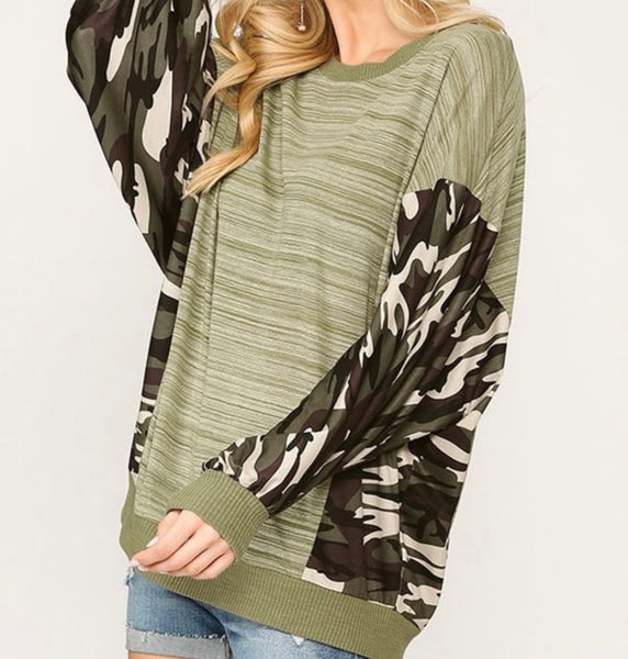 Camo sleeve dolman top