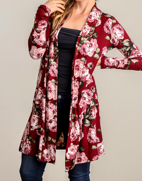 Burgundy floral long sleeve cardigan