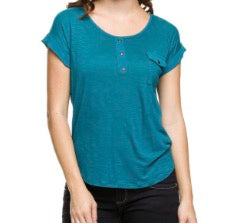 Cuffed short sleeve button neck pocket top