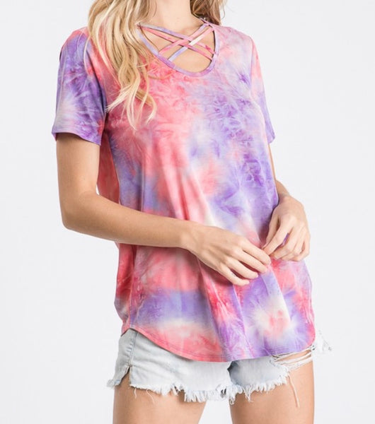 Crisscross neck tie dye top