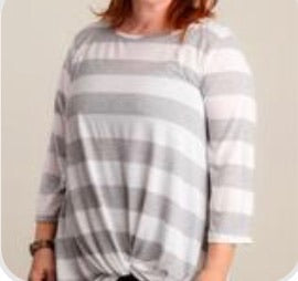 Plus grey & ivory stripe 3/4 sleeve top with twisted hem