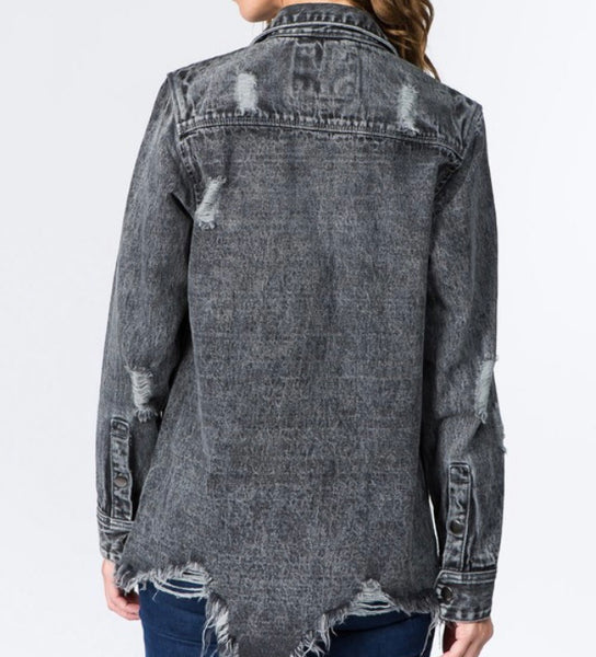 Distressed grey denim shirt jacket