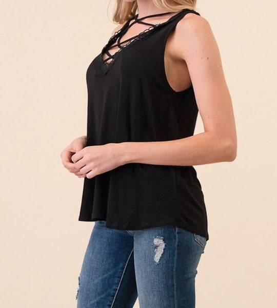 Black crisscross lace trim v-neck tank top