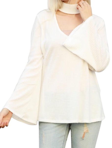 White high neck cutout front bell sleeve knit top