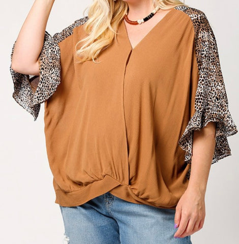 Plus leopard/ camel mixed print top