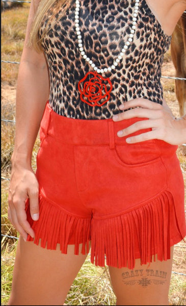 Shorts red faux suede with fringe