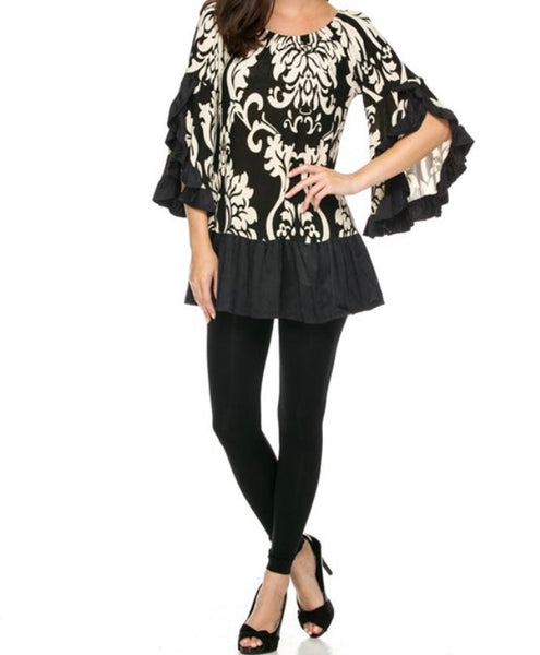 Black/off white paisley print tunic top