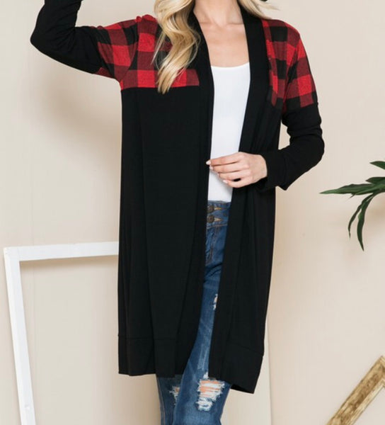 Black cardigan Buffalo plaid shoulder