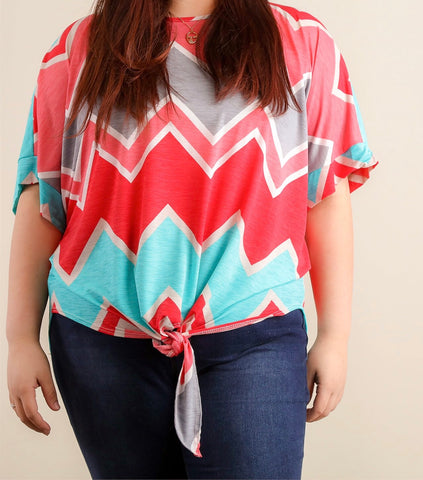 Plus coral and ice blue chevron print top with front tie hem