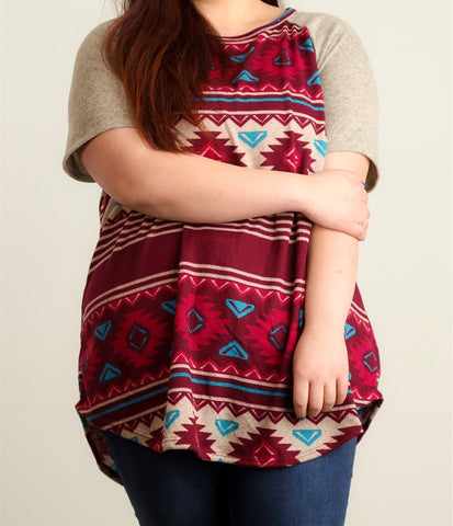 Plus maroon tribal print, short sleeve raglan top