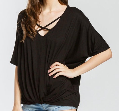 Black front twist crisscross neckline short sleeve top